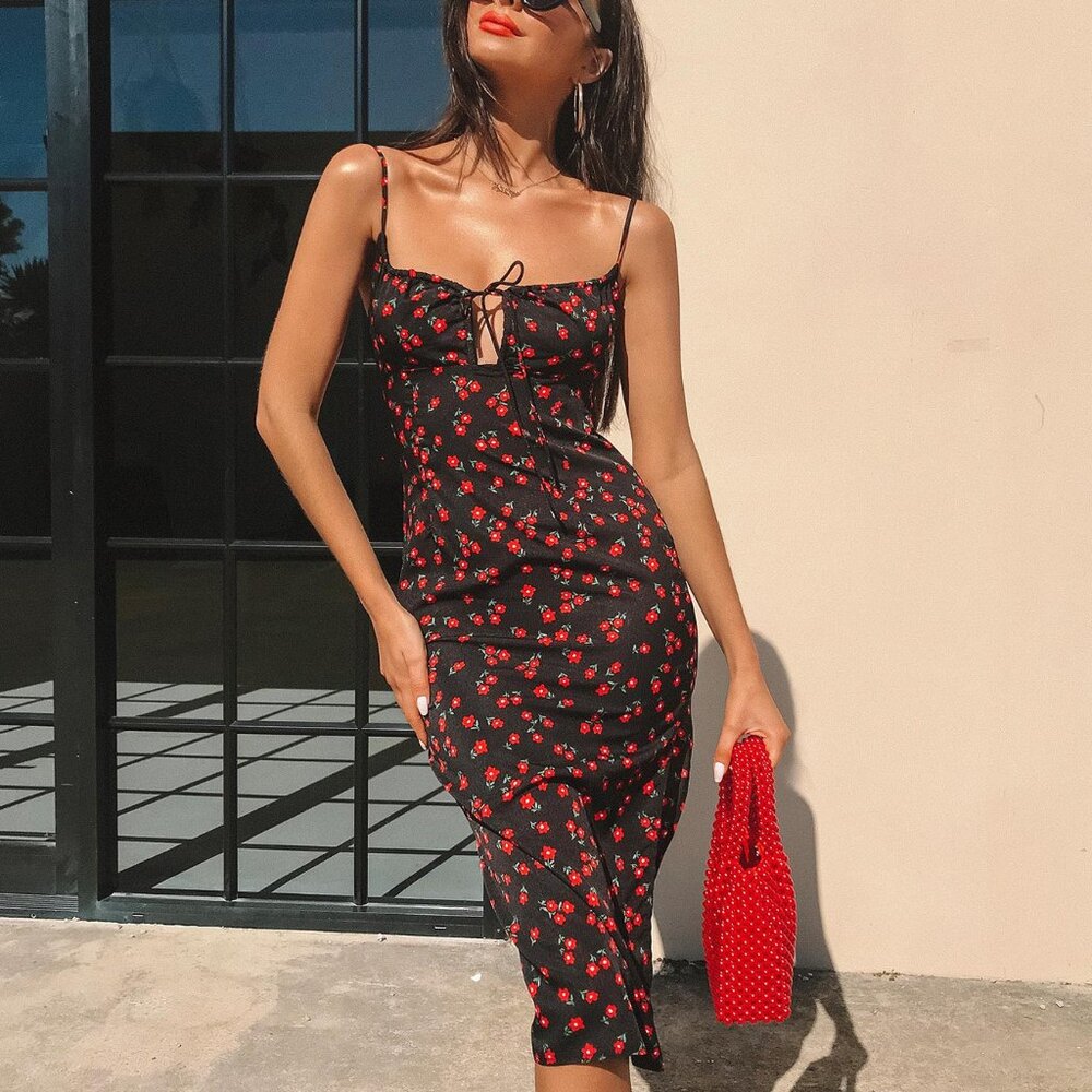 Princess Polly Noda Midi Dress Black/Red (Size 2)